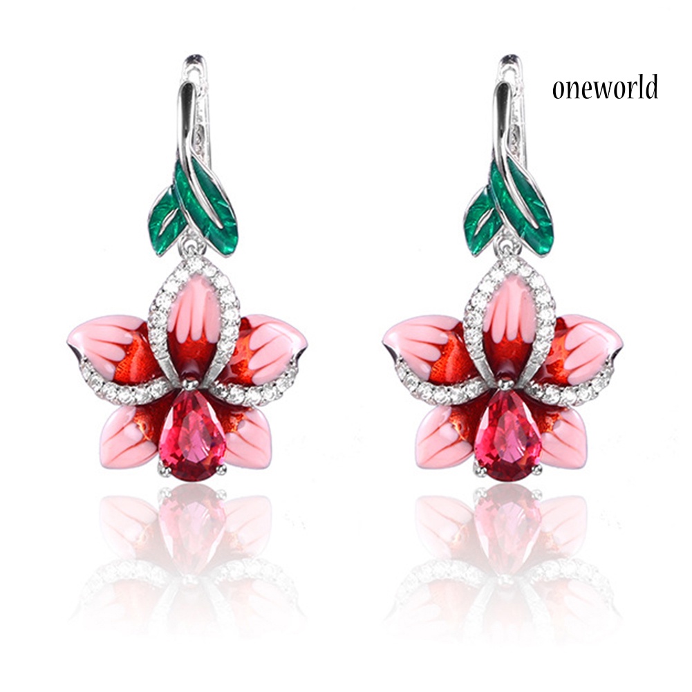 OW@ Fashion Women Enamel Leaf Flower Pendant Rhinestone Inlaid Leverback Earrings