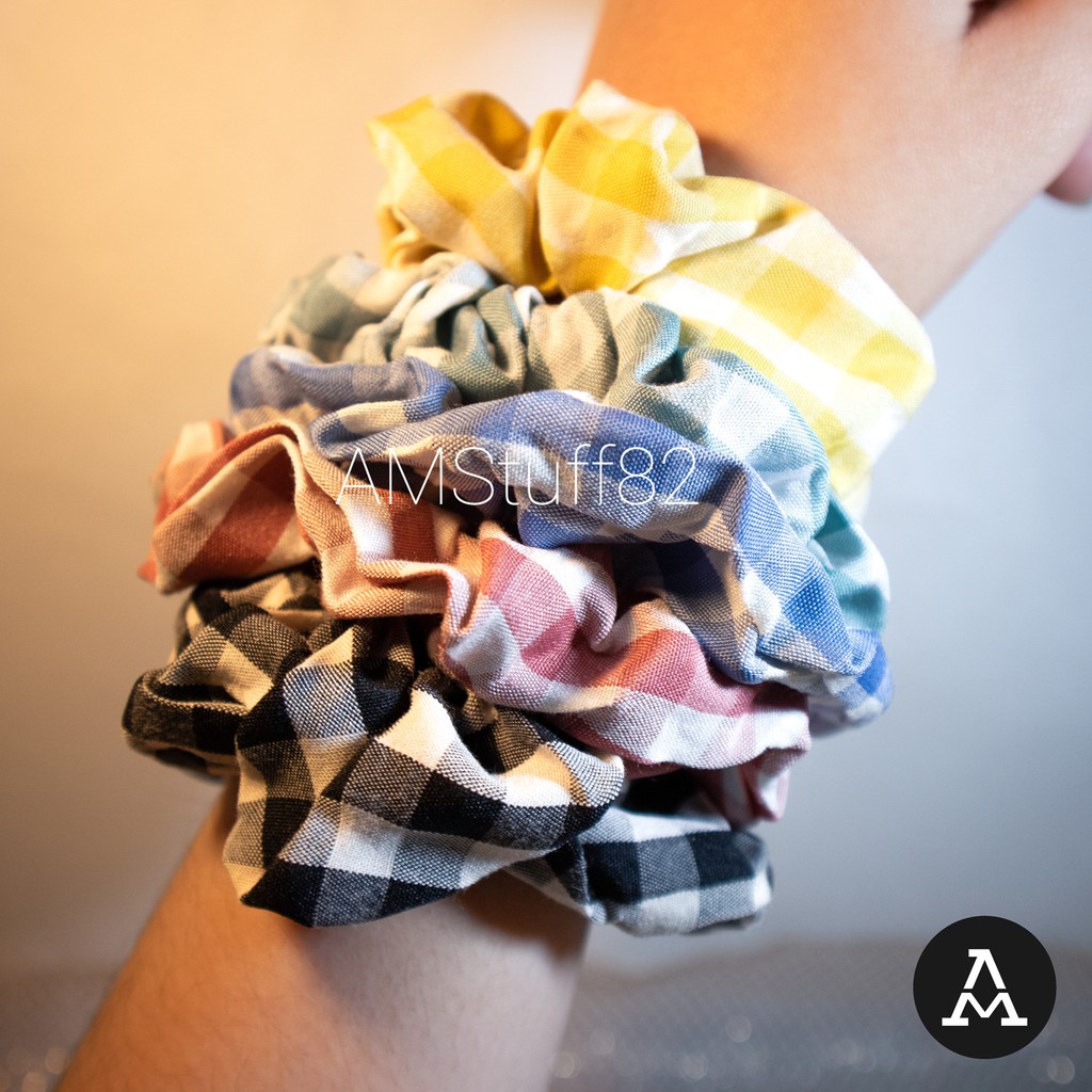 SCRUNCHIE KAIN KOTAK-KOTAK BESAR / SCRUNCHIE MOTIF GINGHAM / IKAT RAMBUT KOREA