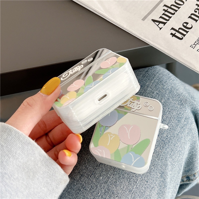 Casing Soft Case Silikon Motif Bunga Tulip Aksen Cermin Untuk Airpods 1 / 2 / 3 Pro / 3 / PRO3