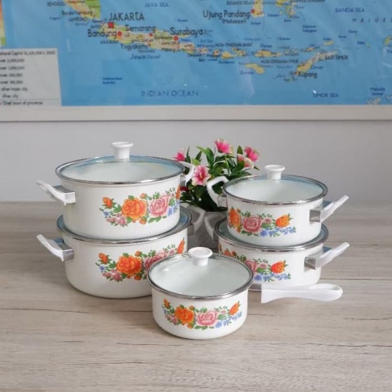 panci set enamel indisah 5pcs motif bunga