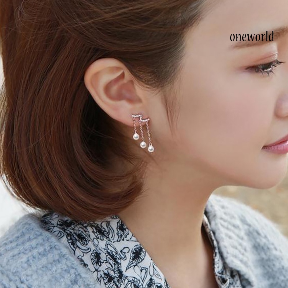 OW@ Elegant Party Women Triple Tassel Faux Pearl Long Dangle Stud Earrings Jewelry