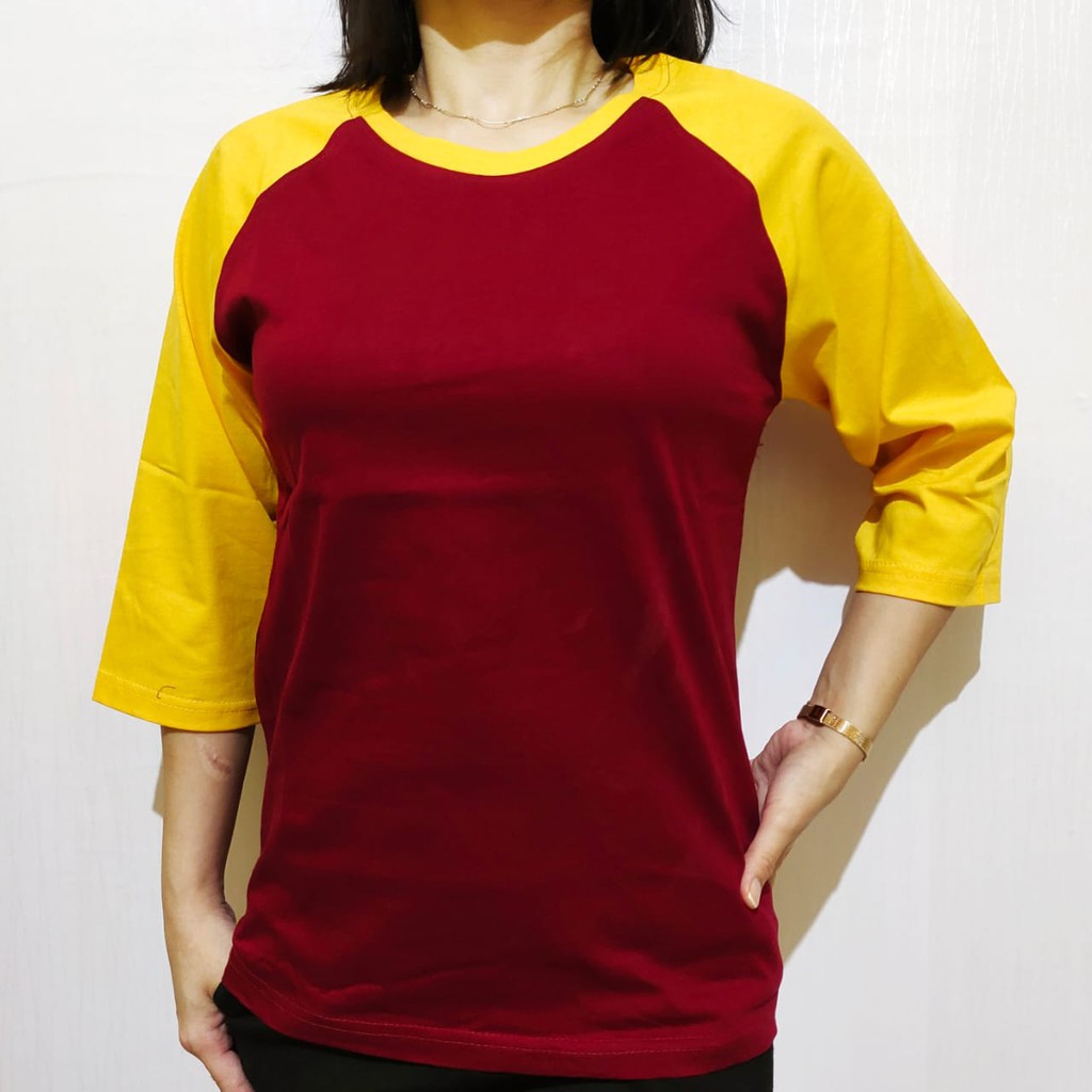 kaos polos reglan maron lengan kuning 3/4 20 22 S M L XL XXL