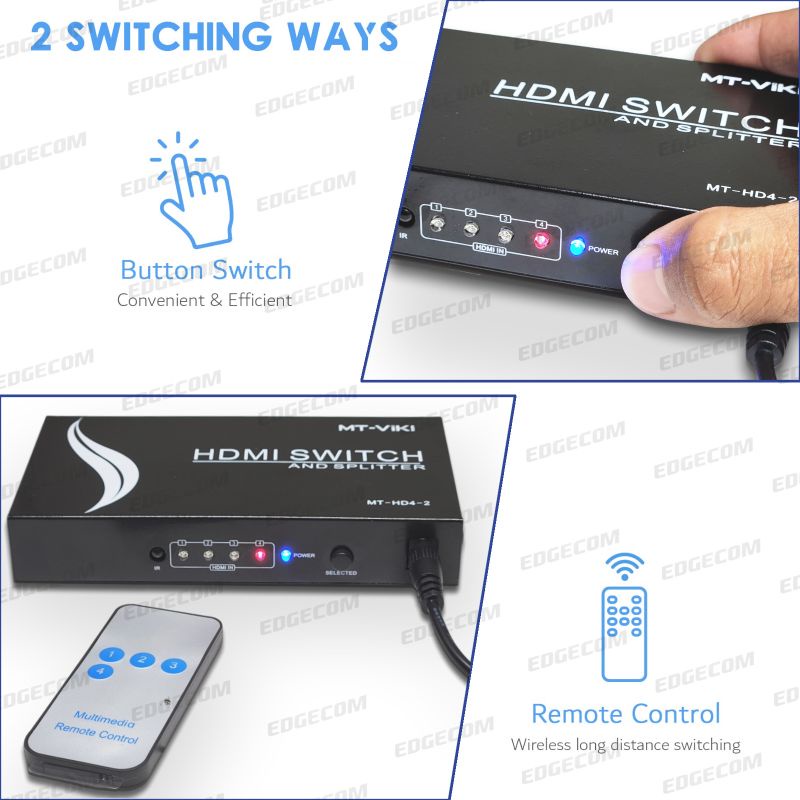 HDMI Switch and Splitter 4 Input to 2 Output With IR Remote