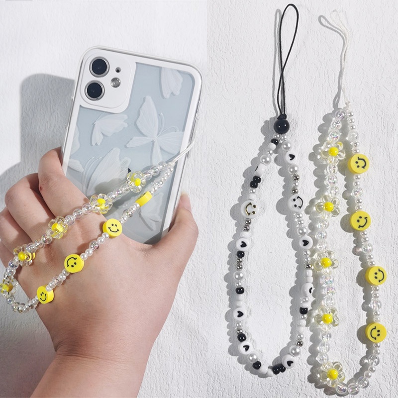 Tali Lanyard Motif Smiley Face / Bunga / Mutiara / Manik-Manik Akrilik Anti Hilang Untuk Aksesoris Handphone