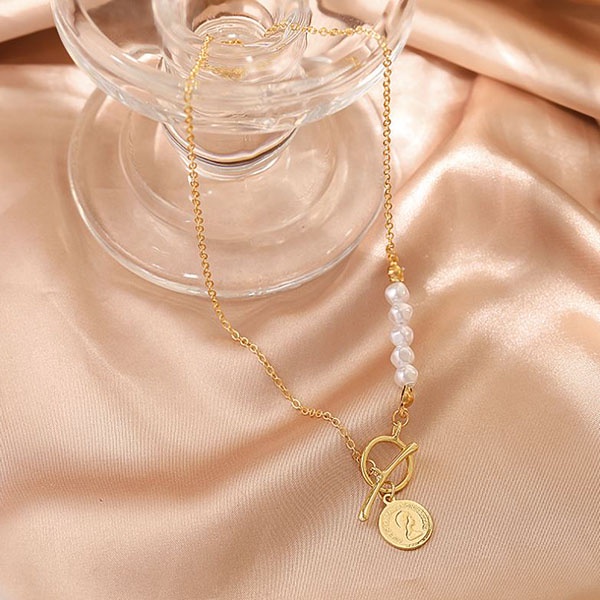 kalung simpel pearl retro coin necklace jka216 (3E3)