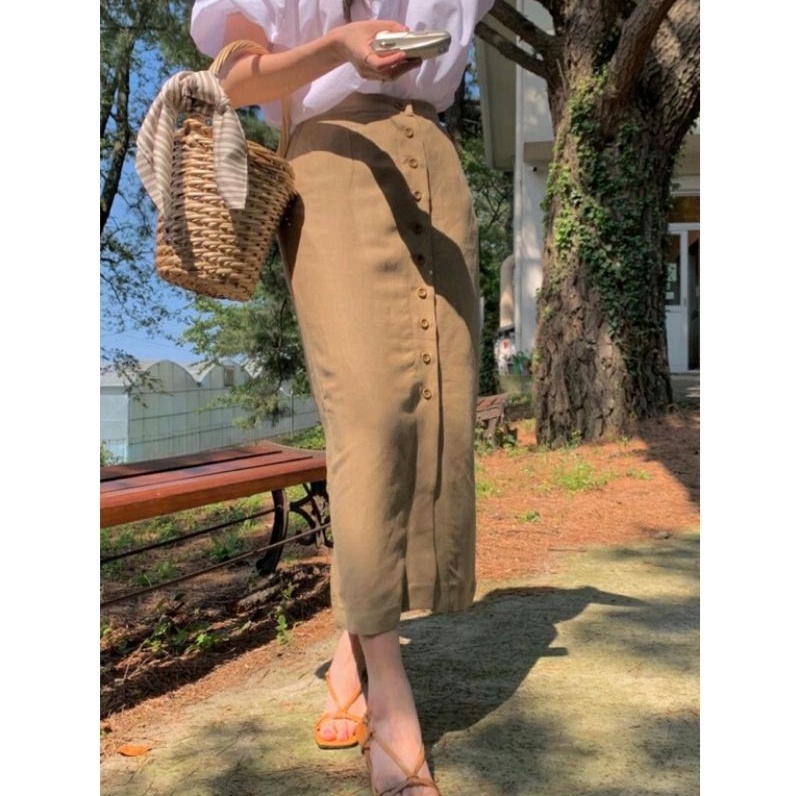 Rok Span Linen / Rok Span Belah Maxi / Skirt Linen Kancing