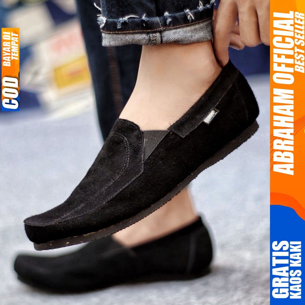 ABRAHAM Sepatu Casual Slip On Kulit Asli Hitam Kerja Slop Pria