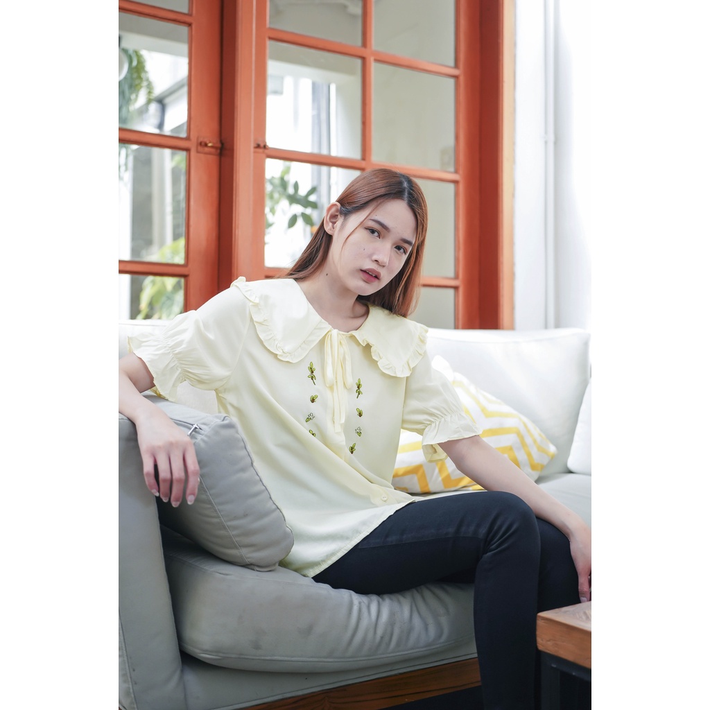 PAVINE - Sveta Ribbon Pastel Blouse - Tops Atasan Kemeja Lengan Pendek Katun Rayon Bunga Wanita