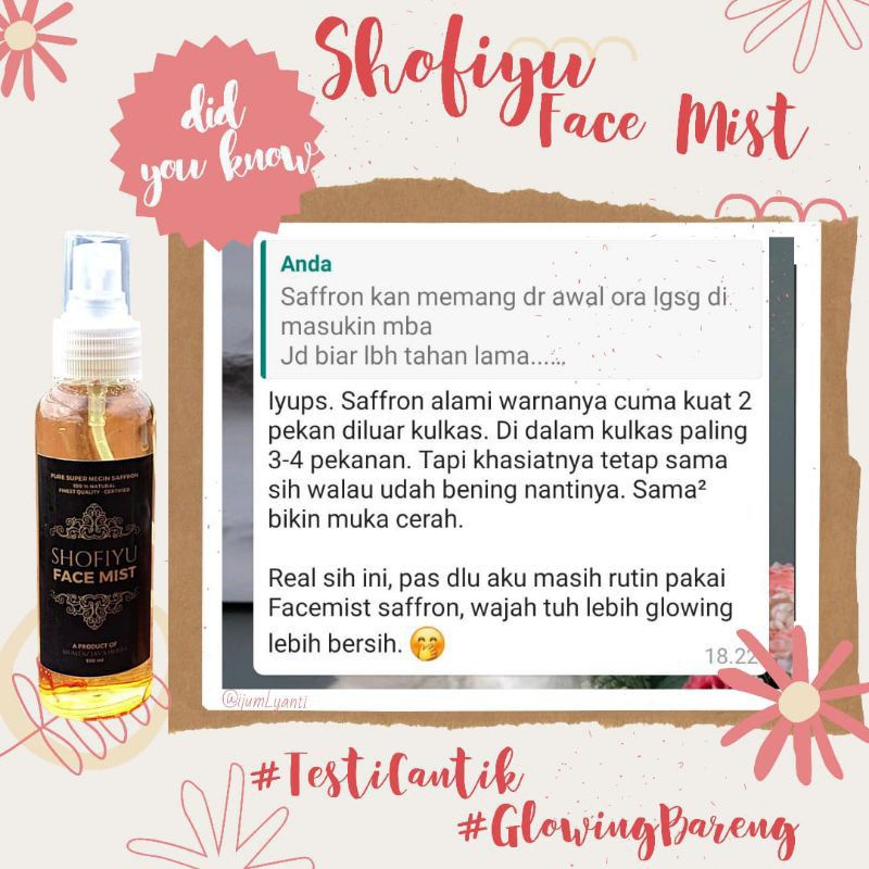 Face Mist Saffron by Shofiyu skincare javahills