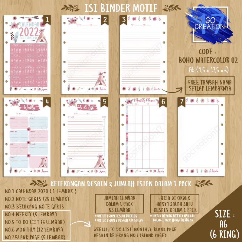 

Buku Planner isi Kertas Binder Motif Boho Watercolor 02 Premium A6 ring 6