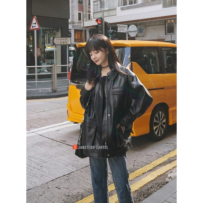 JNK x MURA - Jaket Kulit Sintetis Oversize Wanita Saku Pocket Bigsize Besar Tebal Leather Jacket OOTD Korea KPOP Girlband Cewek Remaja Dewasa Anak Gadis Muda Model Overshirt Balon Keren Polos Premium Original Perempuan ORI Jumbo Import Distro Cewe Casual