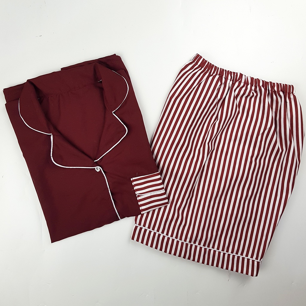 Setelan Piyama Dewasa Celana Pendek Lengan Pendek Hotpant All Size-HPL SALUR MARUN COMB