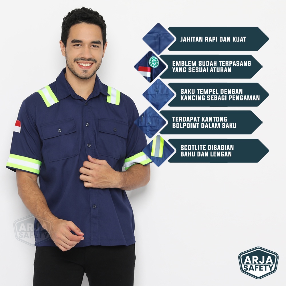 ARJA SAFETY [ FREE LOGO SAFETY &amp; BENDERA ] Kemeja Safety Lengan Pendek, Baju Proyek, Baju Safety, Baju Lapangan, Wearpack Atasan, Wearpack Atasan Lengan Pendek