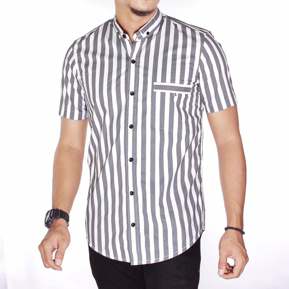Credomenstore Kemeja Pria Lengan Pendek Putih Salur / Kemeja Cowok / Baju Distro Lte