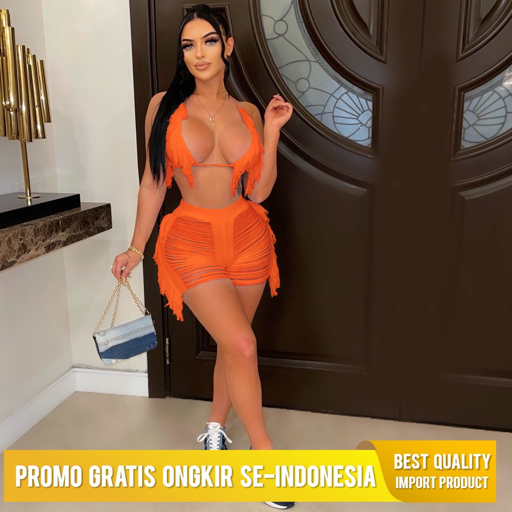 Mode Wanita i Berkaitan Tassel Pantai Pendek Set
