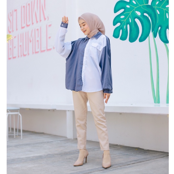 (DBY) KEMEJA ATASAN AGALA TWO TONE BLOUSE DAILY OVERSIZE WOLFIS