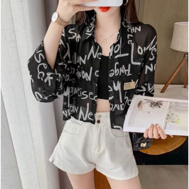 MDLV ~ 22662# Lennox Crop Shirt kemeja Chiffon Alfabet Kemeja Crop Lengan Panjang Kemeja Korea Fashion Import