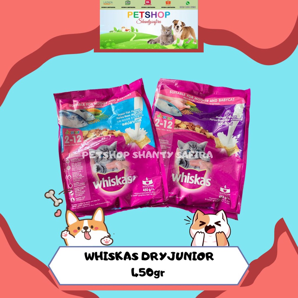 MAKANAN KUCING WHISKAS KERING JUNIOR 450 GR / WHISKAS DRY JUNIOR 450GR 2-12 bulan