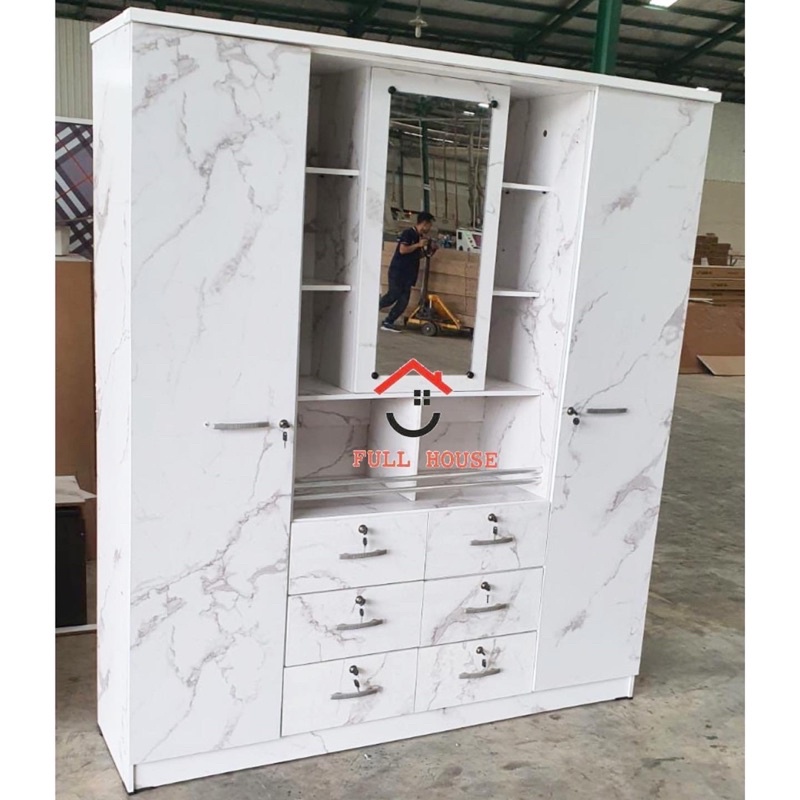 Lemari Pakaian 4 Pintu Marble dengan 6 laci kunci dan kaca cermin geser sliding Murah Meriah