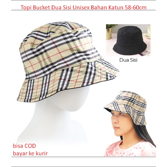 Topi Bucket Dua Sisi Unisex Bahan Katun Lingkar Kepala 58-60cm Warna Hitam Sesuai Gambar