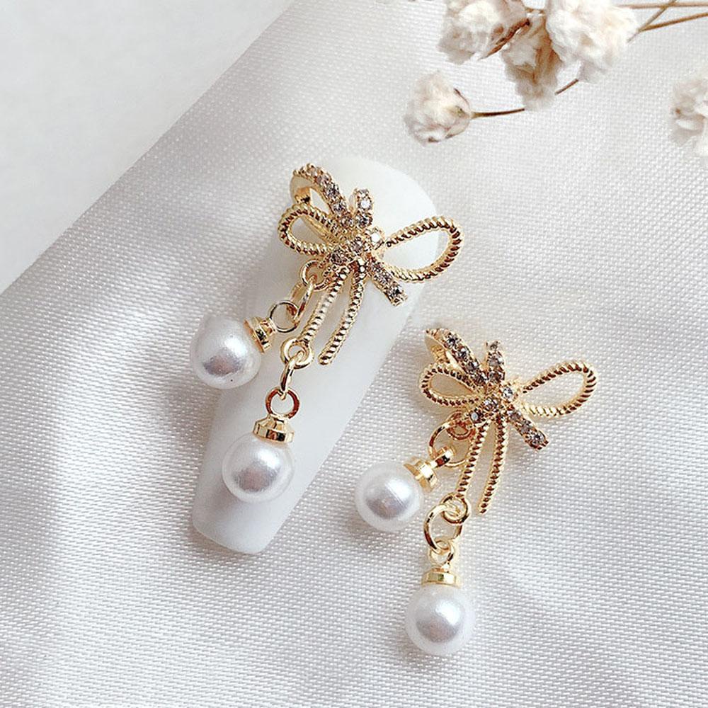 AUGUSTINA Agustina Kupu-Kupu Kuku Berlian Imitasi Mewah Manikur Aksesoris Alloy Rantai Mutiara Liontin 3D Hiasan Kuku