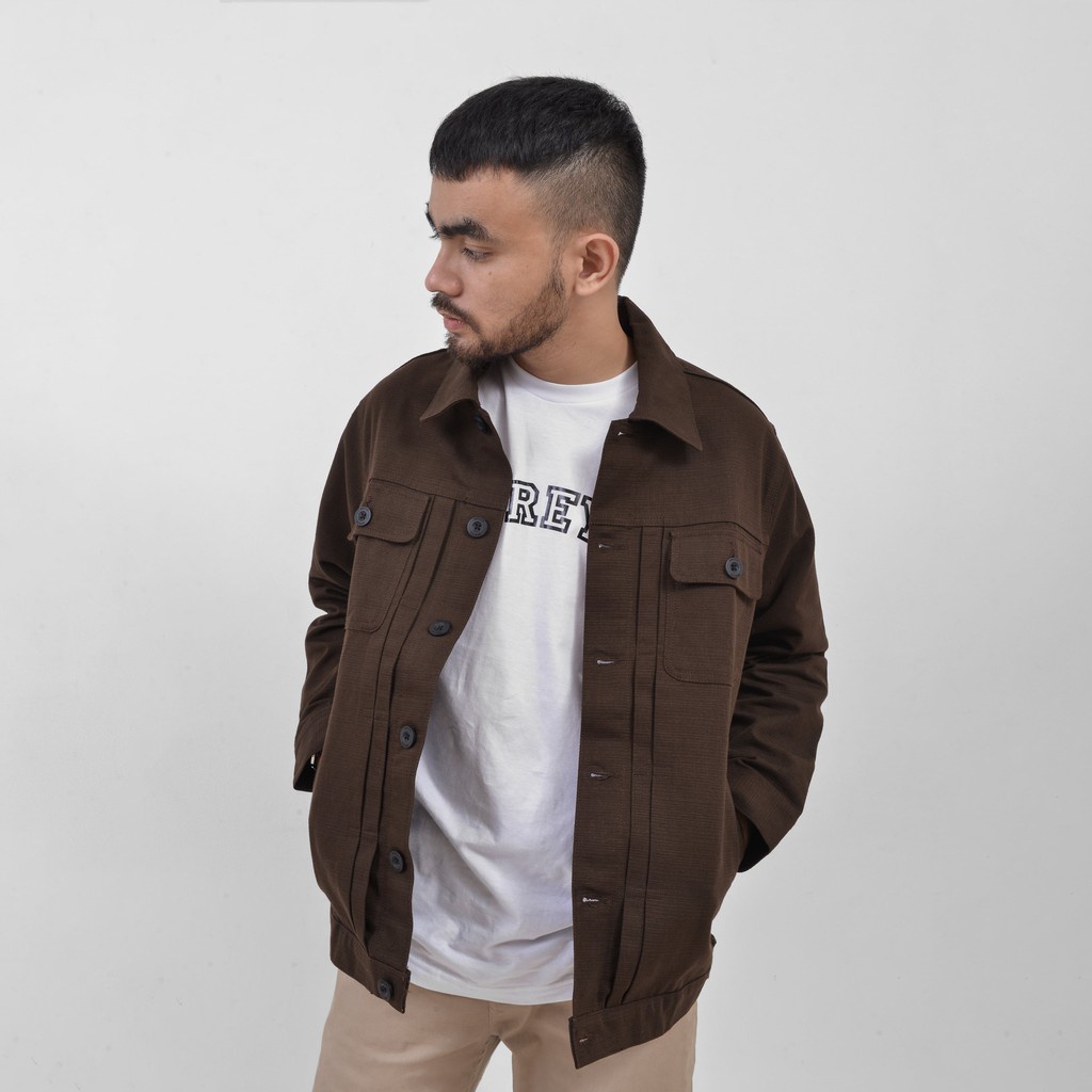 BREY.CO Rex Jacket Dark Brown Canvas Solid Jaket Jeans Pria Jaket Motor Jaket Cowo - Amerta Company