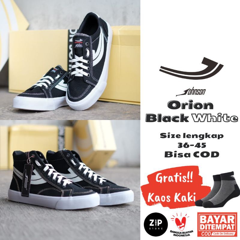 SEPATU JOHNSON ORION BLACK WHITE LOW HIGH SNEAKER JOHNSON ORIGINAL HITAM PUTIH SEKOLAH SKATE SEPEDA