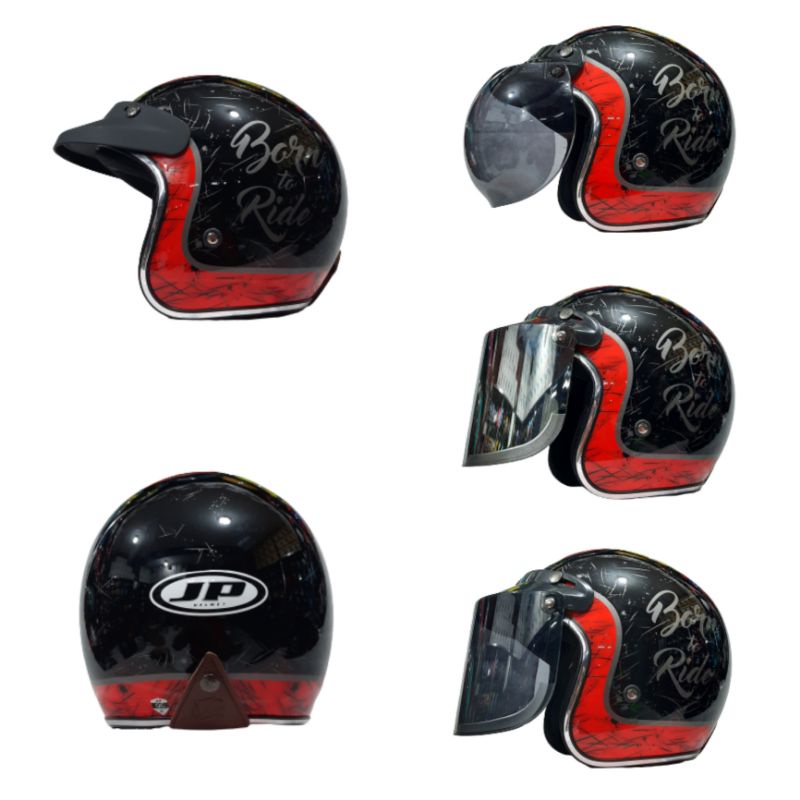 Helm JP Retro New Bigie Born To Road Hitam Glossy List Chrome By JPX Helmet Original