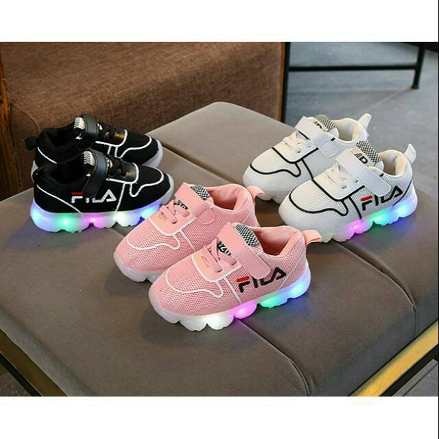SH1902 Sepatu sneaker kets sporty led lampu fila putih hitam pink sekolah casual anak laki-laki