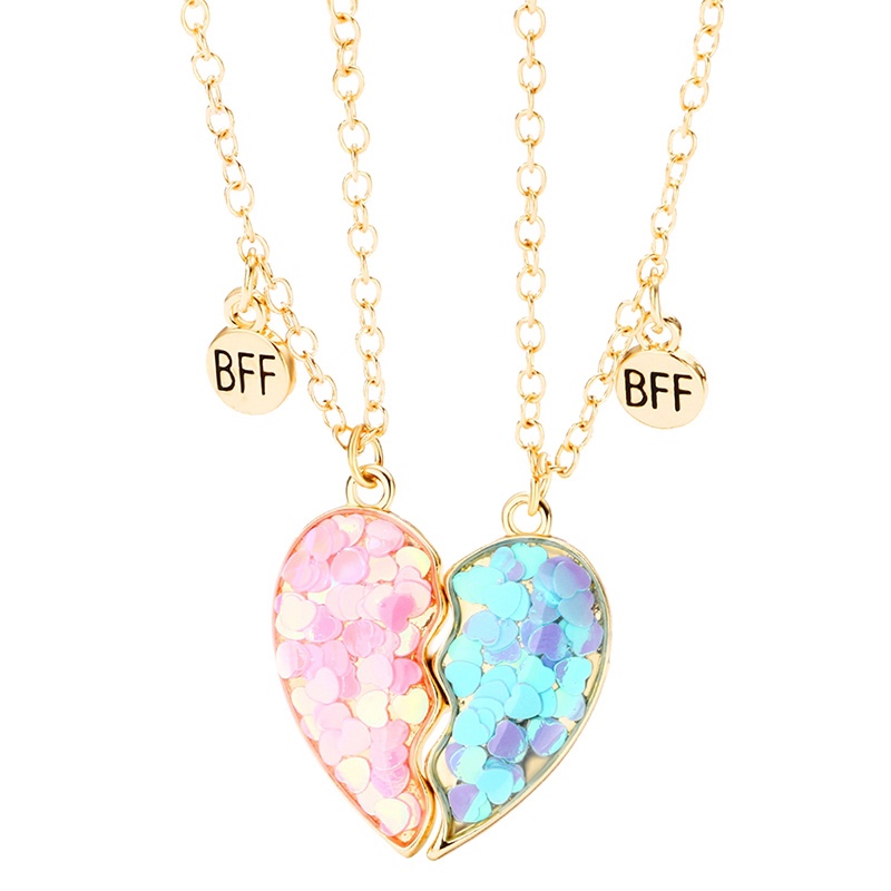 Set Kalung Rantai Liontin Hati Sequin Batu Magnet BFF Good Friend Untuk Anak Perempuan