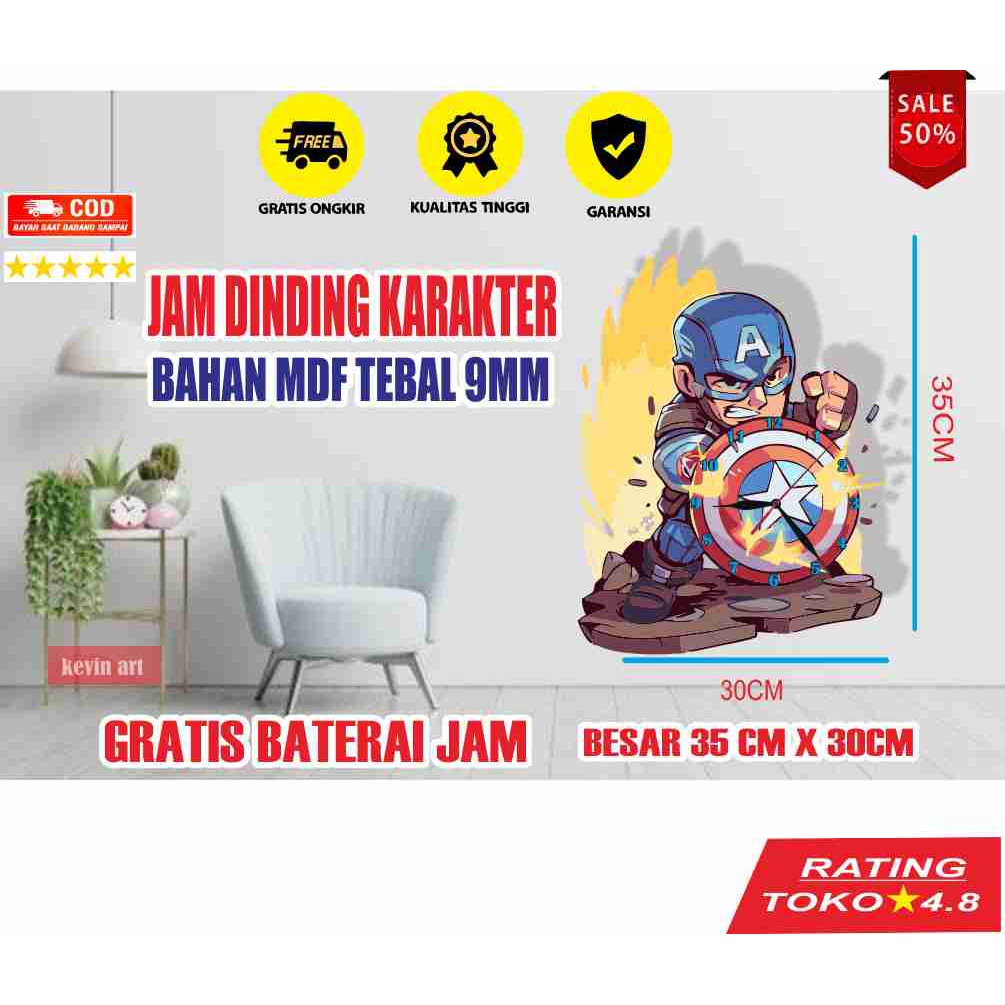 JAM DINDING KARAKTER CAPTAIN AMERICA UNIK BESAR KAYU VINTAGE SOUVENIR JAM CAFE HADIAH KADO ULANG TAHUN Kevinart