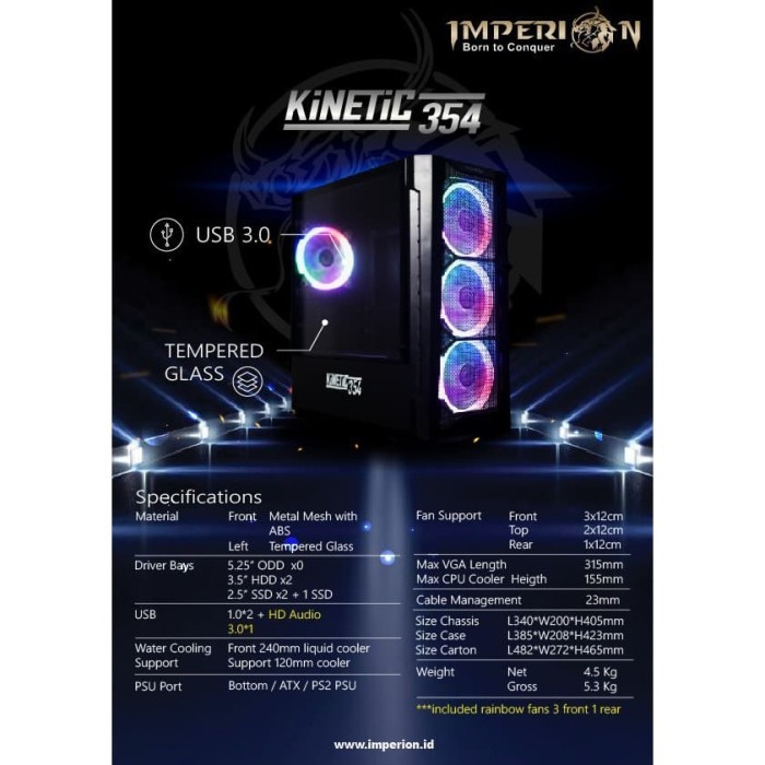 Casing komputer gaming imperion Atx tempered glass free 4 fan 120mm rgb Kinetic 354 - Pc case