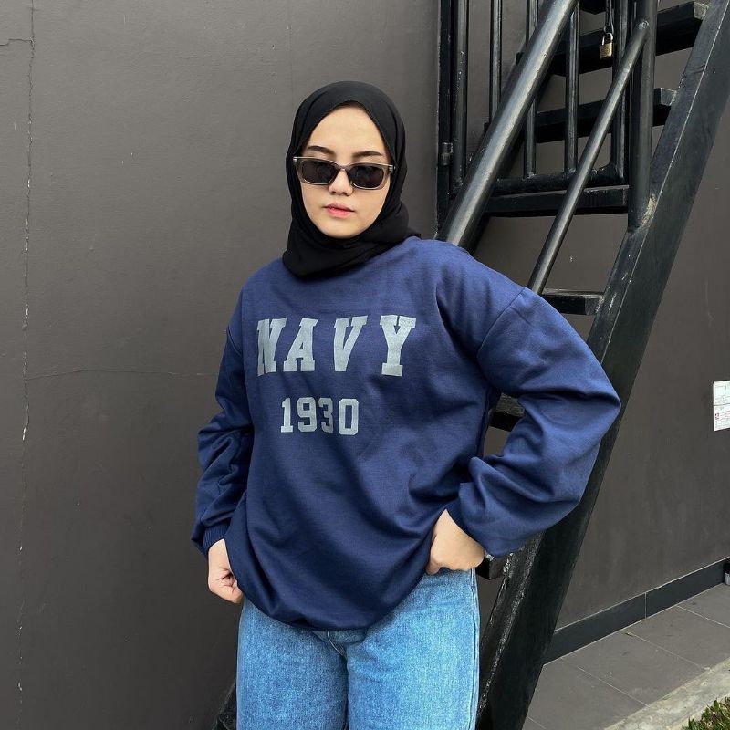 NAVY SWEATER - SWEATER OVERSIZE - SWEATER WANITA - SWEATER KOREA - SWEATER FLECEE - SWEATER JUMBO