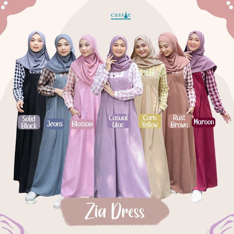 Zia Daily Dress Gamis Bahan Linen Motif Polos Kotak  by Cassie
