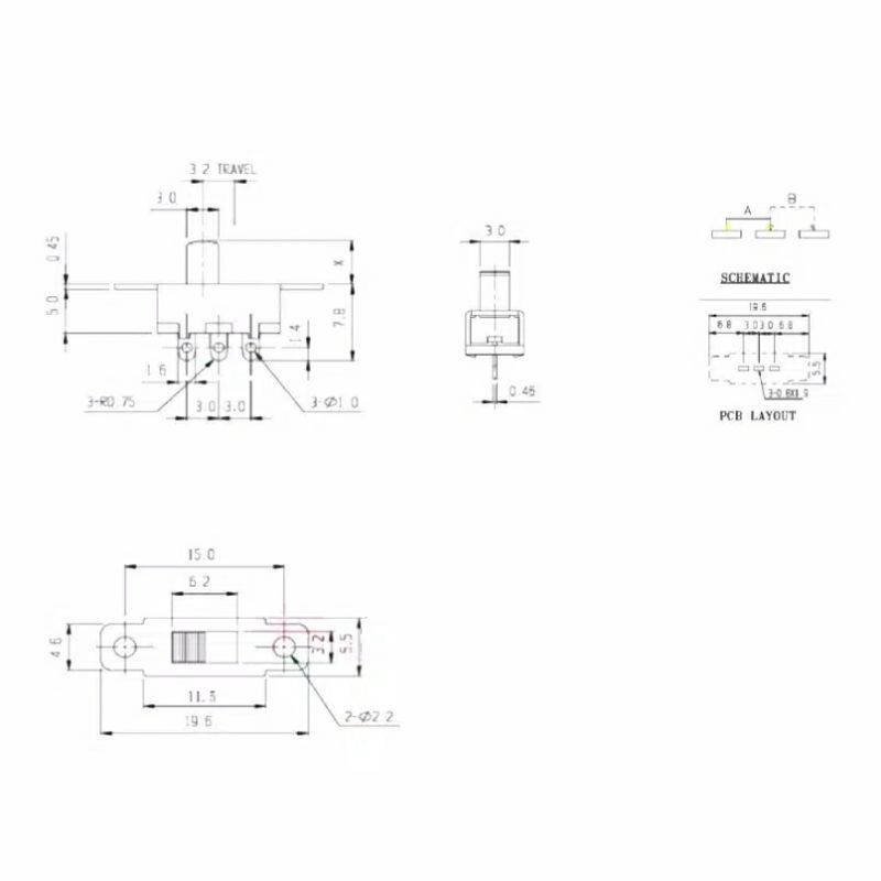 Saklar Geser Mini 1P2T Toggle Switch 5mm 3 Kaki Pin