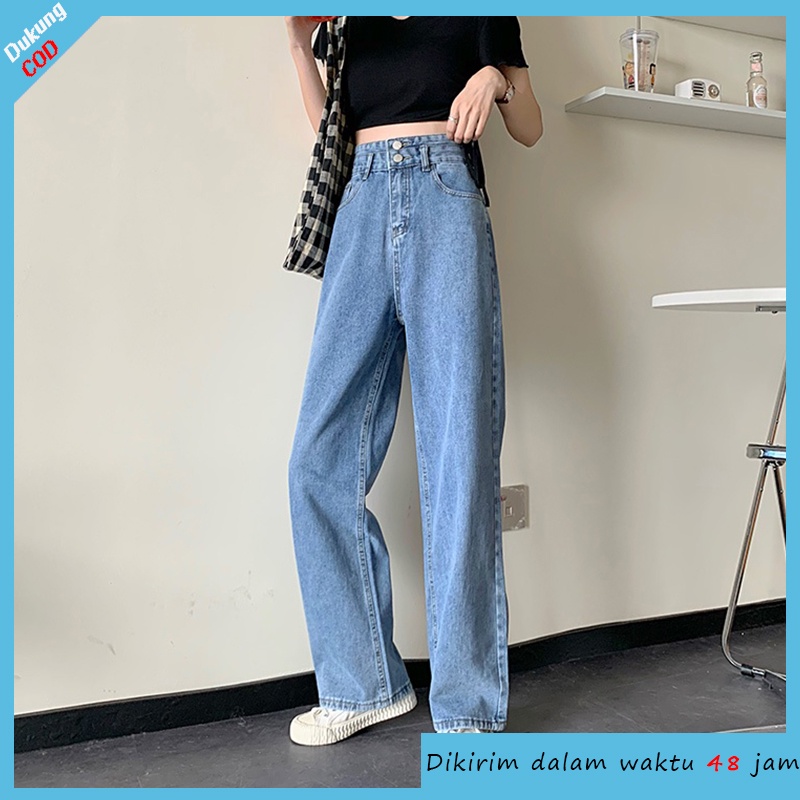 Korean Style Highwaist jeans celana panjang straight pants celana jeans wanita