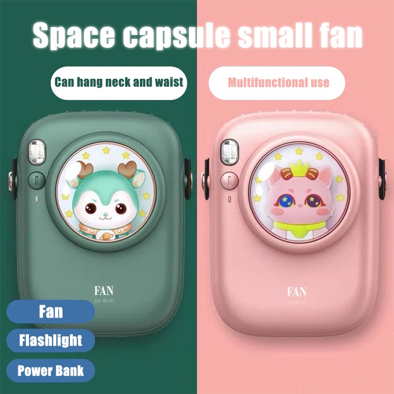 3 In 1 Kipas Angin Portable Mini Neck Fan Kipas Angin Leher Cute Kipas Gantung with Powerbank +LED Light Function