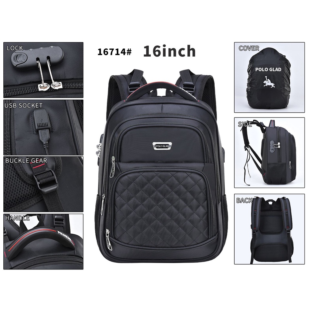 POLO GLAD Tas Ransel Sekolah 16 inc Original Backpack Pria Wanita Key Lock FREE USB Port Tas Laptop Ransel Import-1