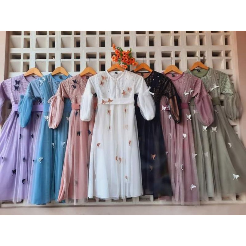 Gamis Anak Perempuan Motif Kupu kupu Bahan Tile Ukuran M/L/XL Terbaru 2023