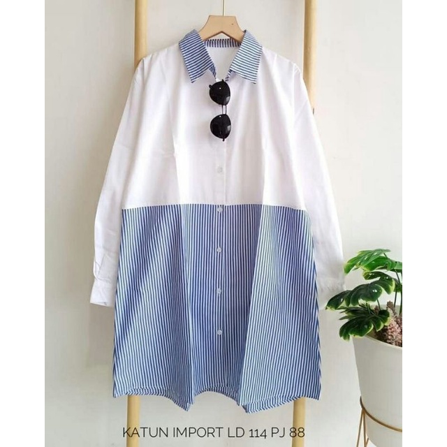 Zarra Tunik warna white blue putih biru long tunic cewek bahan Katun import big size jumbo casual fa