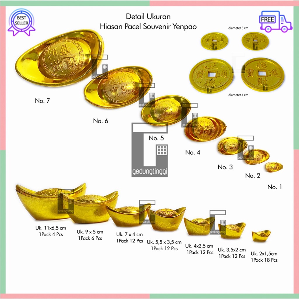 Pajangan Hiasan Yenpao Yen Pao Yenpau Yen Pau Yuanbao Yuan Bao Parcel Souvenir Sangjit Ukuran Size Mini Kecil Sedang Medium Big Besar XL Kantong Uang Duit Koin Coin Krom Chrome Emas Gold Kuno Chinese New Year 2022 1 Set Murah