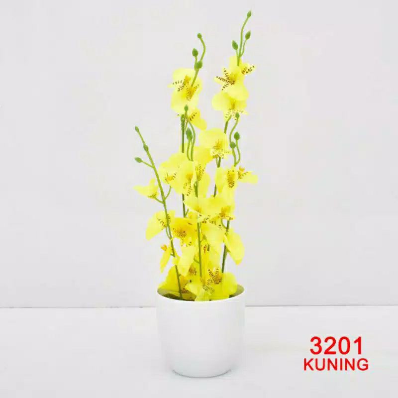 COD/BUNGA ANGGREK SET POT BUNGA HIAS ANGGREK BUNGA PLASTIK BUNGA PAJANGAN BP8833-Kuning
