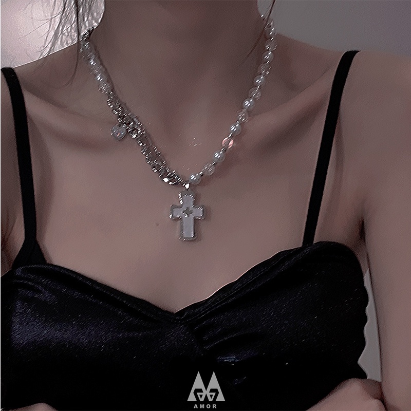 Kalung Rantai Bahan stainless steel Aksen Mutiara Untuk unisex