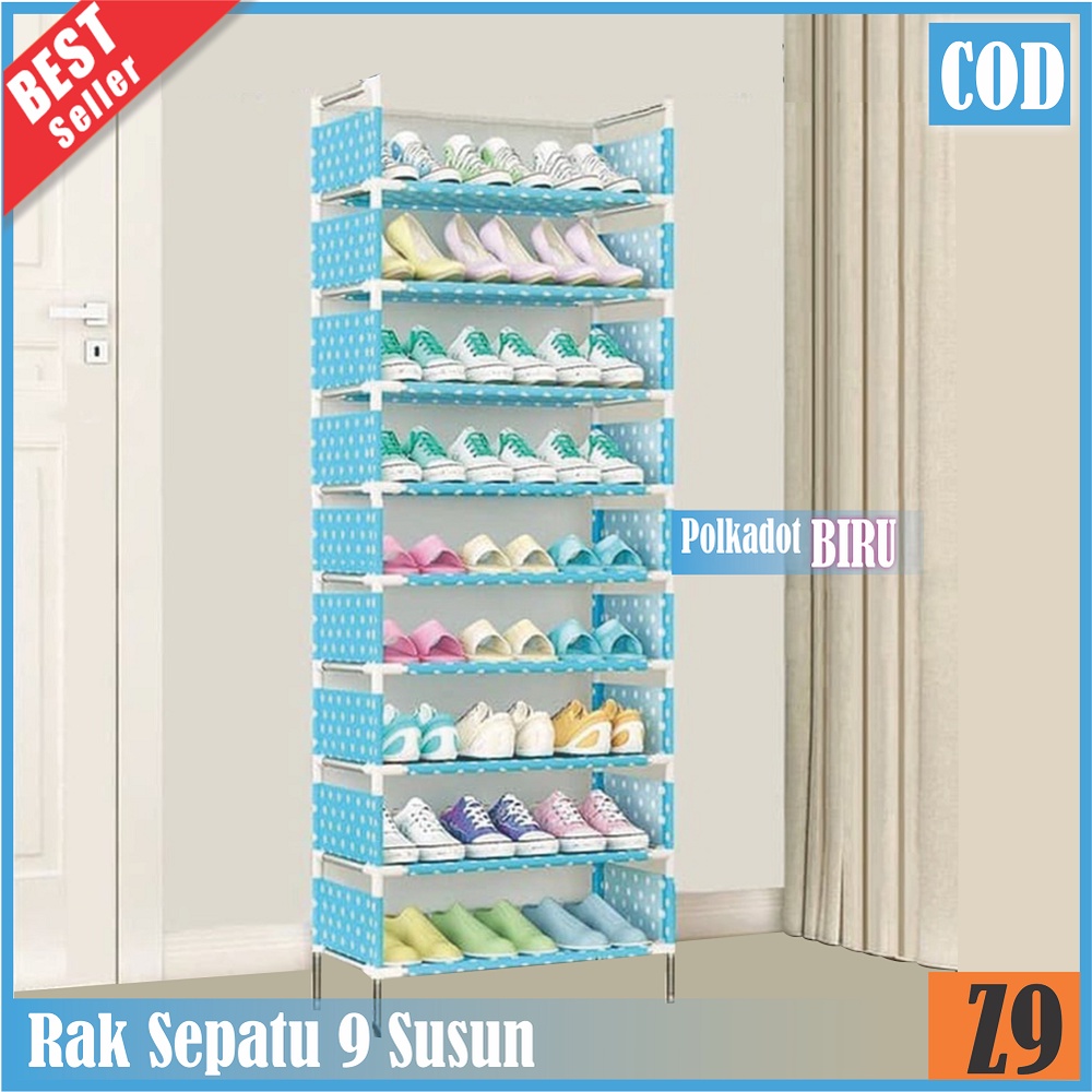 PROMO !! Rak Sepatu Portable 9 SUSUN MOTIF POLKADOT  RAK Sepatu 9 Susun Rakitan rak baju rak tas Shoes Rack with Dust Cover Rak murah