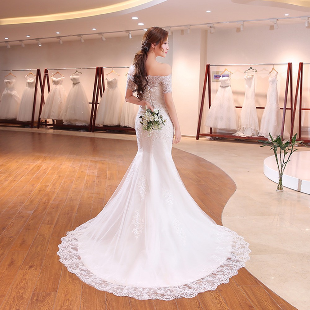 Putih Sabrina Mermaid Wedding Dress Gaun Pengantin Renda Putri Duyung Fishtail Wedding Dress