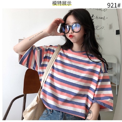 VS - Kaos T-Shirt Model Longgar Round Neck Motif Garis Gaya Korea untuk Wanita