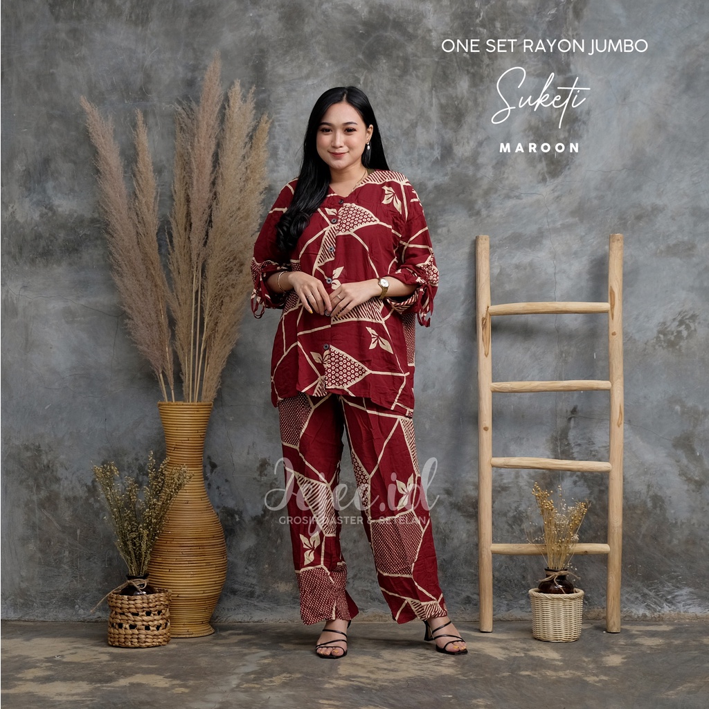 SETELAN RAYON JUMBO LD 120 CM BIG SIZE SUNDARI SET PIYAMA TIE DYE LENGAN PANJANG KANCING-SUKETI-MAROON