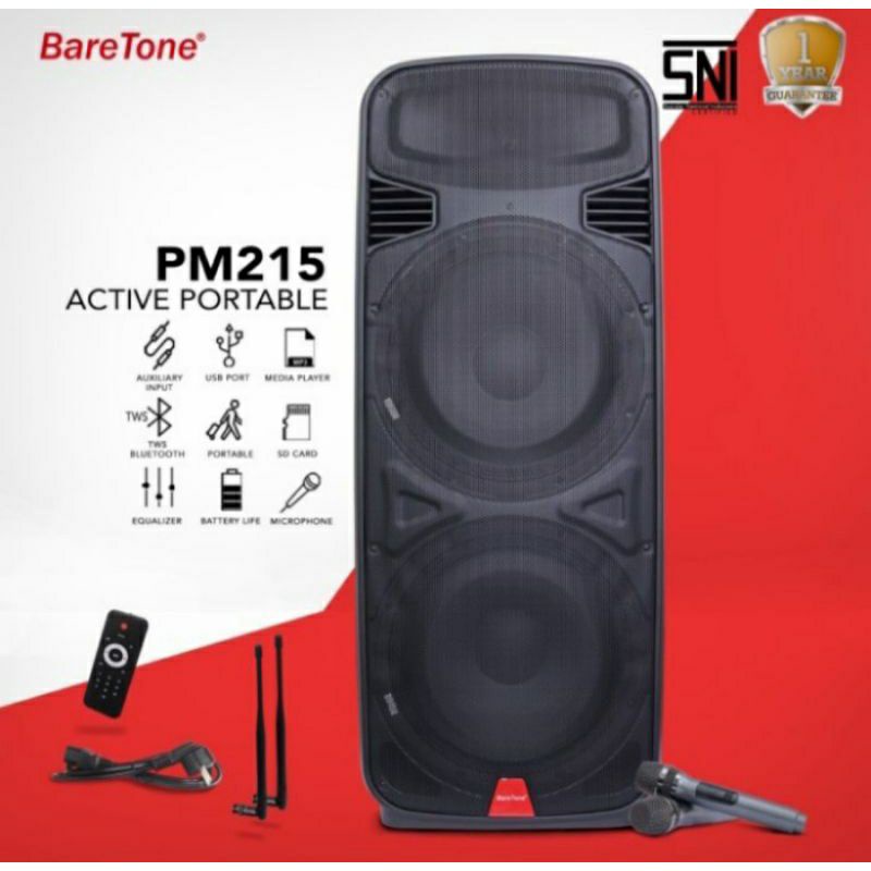Speaker Portable BARETONE 15inch PM215 Bluetooth Super Bass