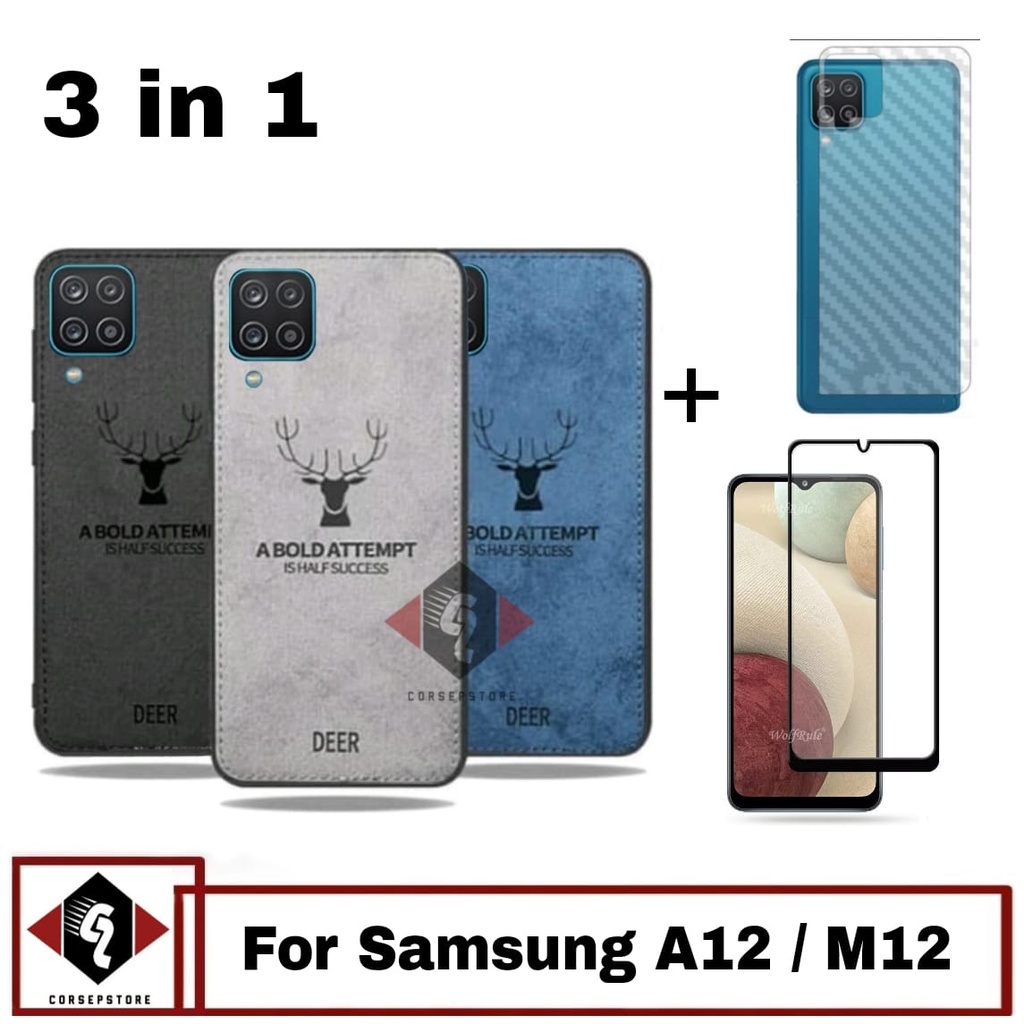 Promo Paket 3 IN 1 Case Deer Samsung A12 Free Tempered Glass Layar Dan Garskin