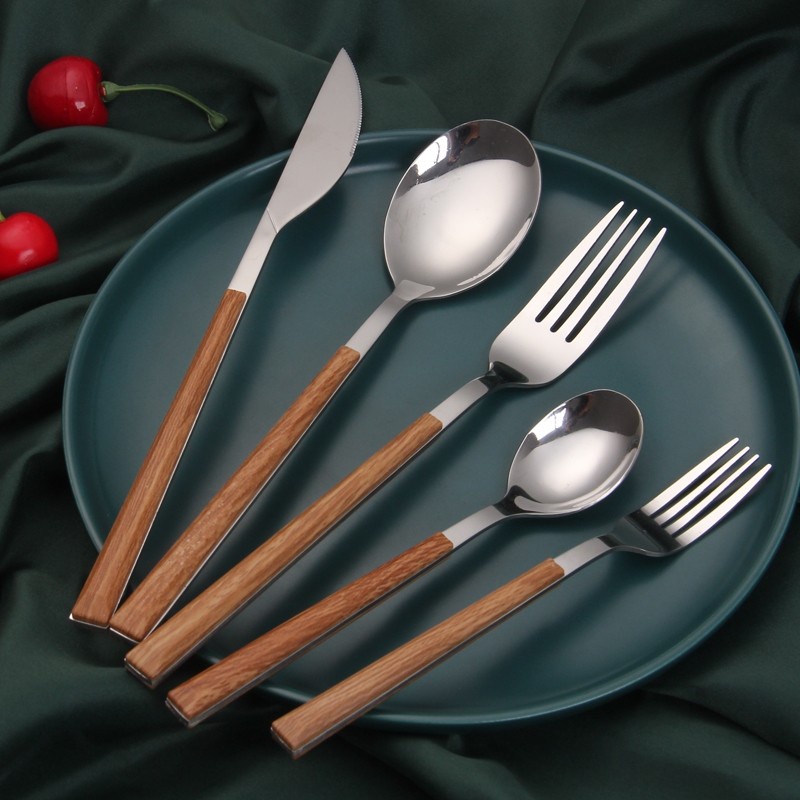 CUTLERY SET PAKET LENGKAP SENDOK GARPU PISAU STAINLESS STEEL GAGANG KAYU KOREA WOOD GRAIN HANDLE KAYU SET SPOON FORK KNIFE